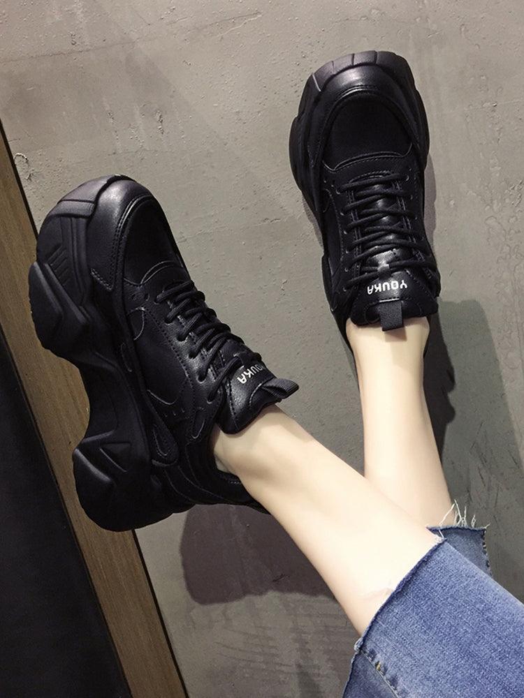 Women Platform Sneakers Leather Casual Ladies Chunky Shoes Woman High Black Fashion Thick Soled Sports Walking Shoes Lace Up Platform Leather Trainers Sneakers