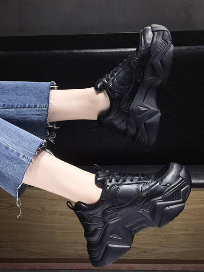 Women Platform Sneakers Leather Casual Ladies Chunky Shoes Woman High Black Fashion Thick Soled Sports Walking Shoes Lace Up Platform Leather Trainers Sneakers