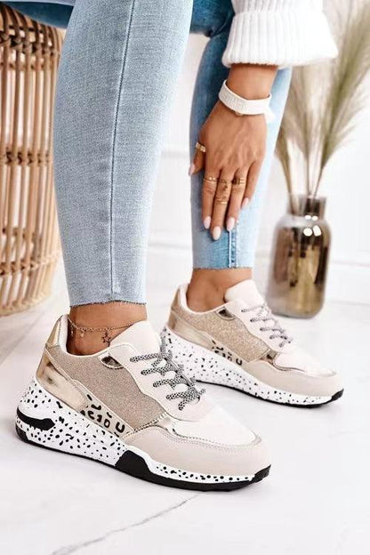Women Sneakers Leopard Print Lace-Up Women's Vulcanize Shoes Sports Sneakers Breathable Height Increasing Walking Jogging Sneakers Gold Silver Sport Running Women's Sneakers
