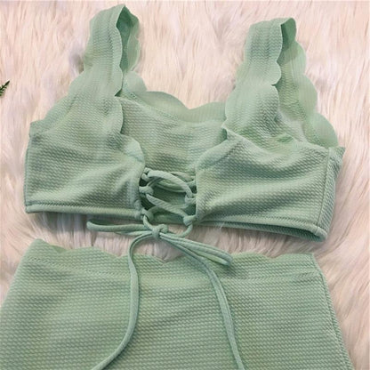 Women Solid Swimwear Female Bathing Suit Scalloped High Waist Bikini Set Two Pieces Women's Solid Color Lace-up High Waist Scoop Collar Padded Bathing Suit