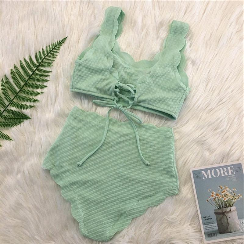 Women Solid Swimwear Female Bathing Suit Scalloped High Waist Bikini Set Two Pieces Women's Solid Color Lace-up High Waist Scoop Collar Padded Bathing Suit
