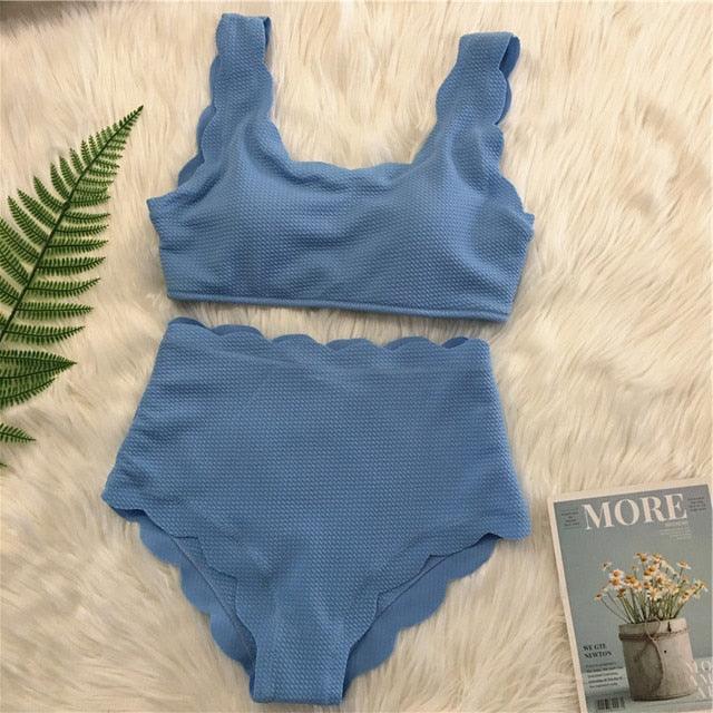 Women Solid Swimwear Female Bathing Suit Scalloped High Waist Bikini Set Two Pieces Women's Solid Color Lace-up High Waist Scoop Collar Padded Bathing Suit