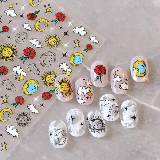 Yellow Smiles Sun Moon Clouds 3D Nail Stickers For Halloween Theme Slider Decals Nail Art Decorations Design  3D Self-Adhesive Nail Decorations Accessories Women Girls Manicure Decorations Nail Art Supplies Water Transfer Decals